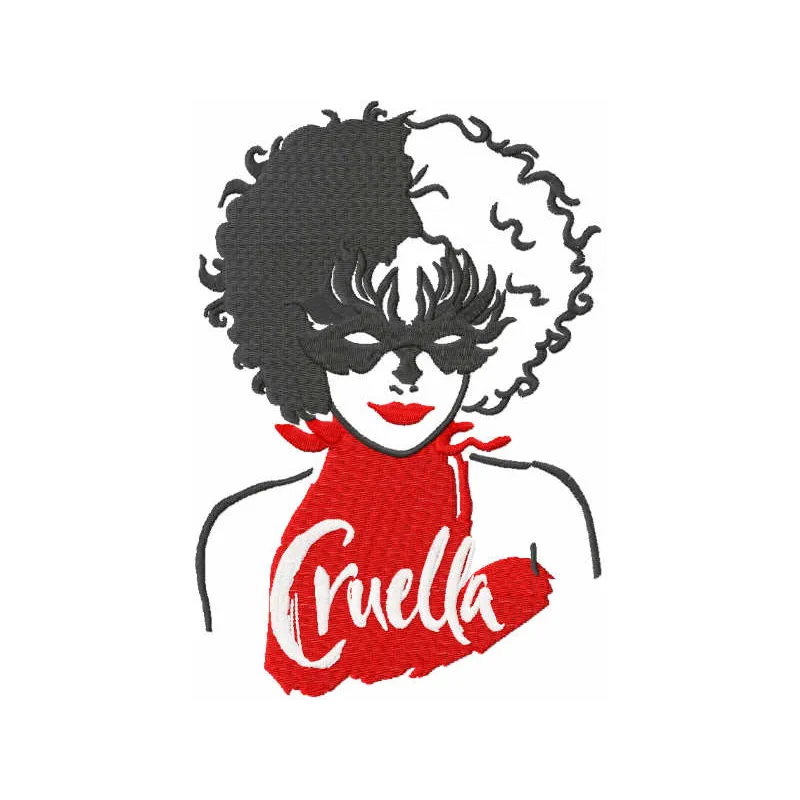 Embroidery design preview of a Cruella mask, showcasing intricate stitching patterns for creative projects.