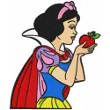 Snow White with apple embroidery design showcasing a whimsical character and vibrant colors for creative stitching.
