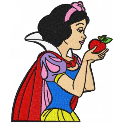 Snow White with apple embroidery design showcasing a whimsical character and vibrant colors for creative stitching.