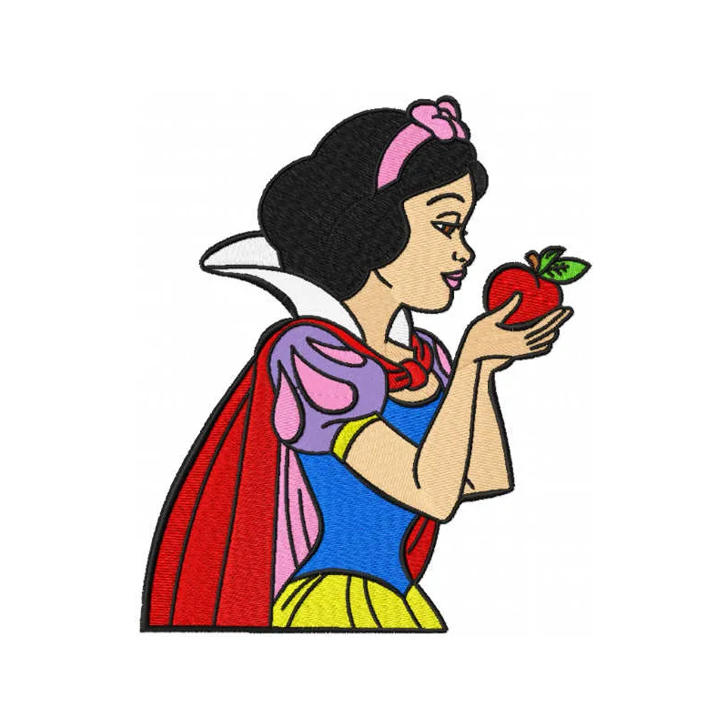 Snow White with apple embroidery design showcasing a whimsical character and vibrant colors for creative stitching.