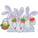 Three Easter Bunnies embroidery design featuring playful motifs for festive stitching projects.
