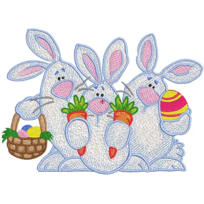 Three Easter Bunnies embroidery design featuring playful motifs for festive stitching projects.