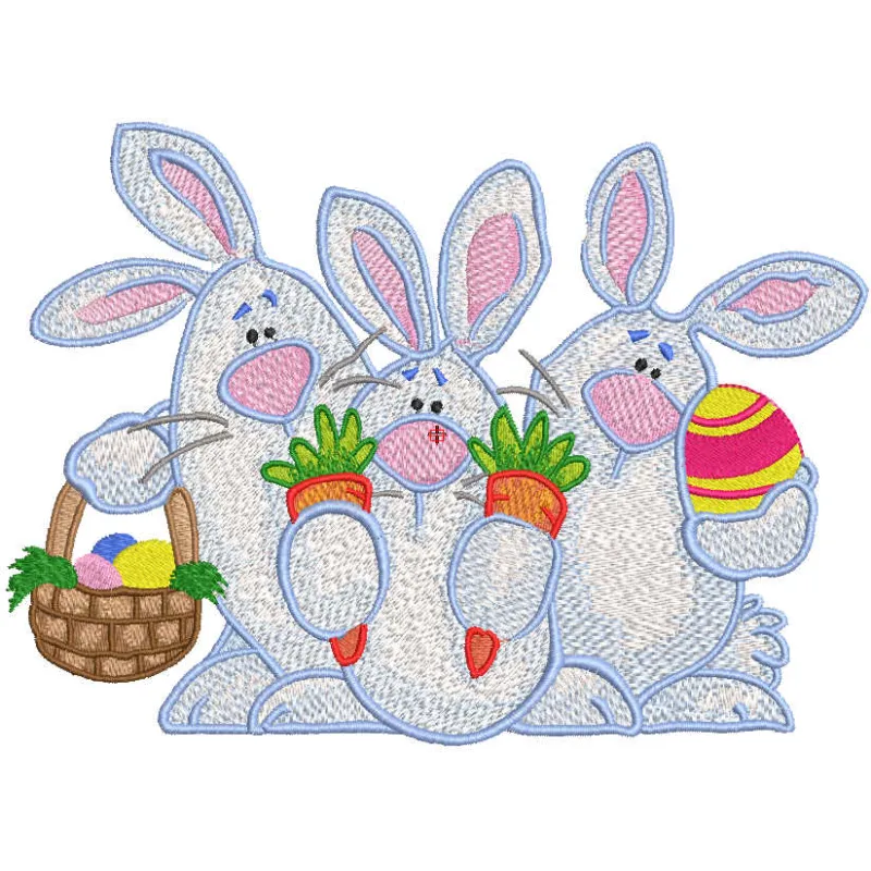 Three Easter Bunnies embroidery design featuring playful motifs for festive stitching projects.