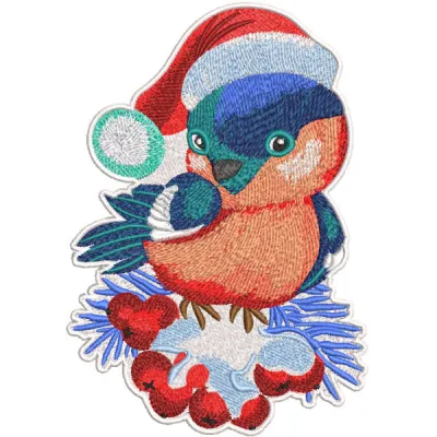 Christmas bullfinch perched on berries embroidery design, showcasing intricate stitching patterns for festive projects.