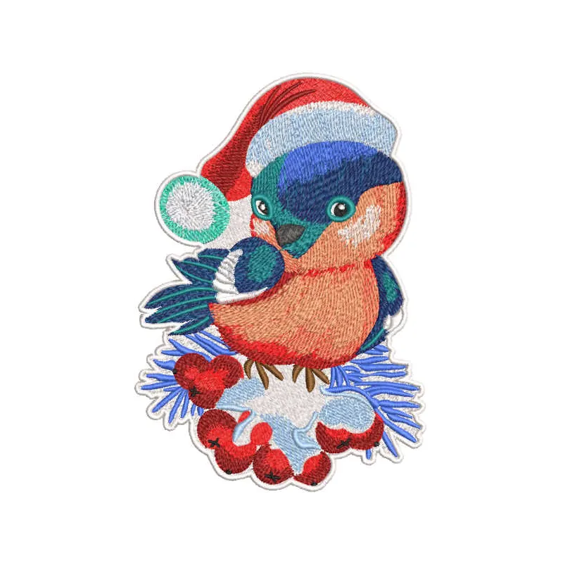 Christmas bullfinch perched on berries embroidery design, showcasing intricate stitching patterns for festive projects.