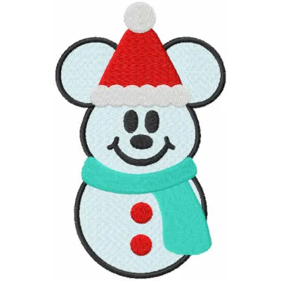 Mickey snowman embroidery design featuring a cheerful snowman with Mickey Mouse ears, perfect for winter projects.