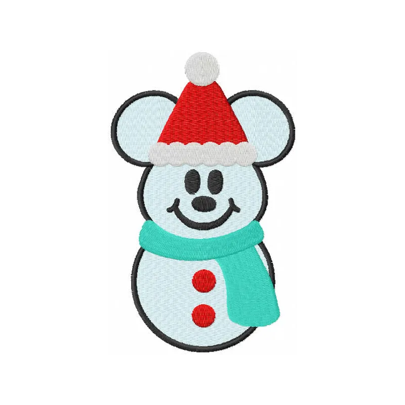 Mickey snowman embroidery design featuring a cheerful snowman with Mickey Mouse ears, perfect for winter projects.