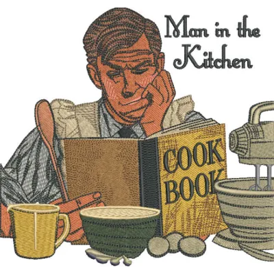 Embroidery design featuring a man in the kitchen, perfect for creating delightful kitchen-themed projects.