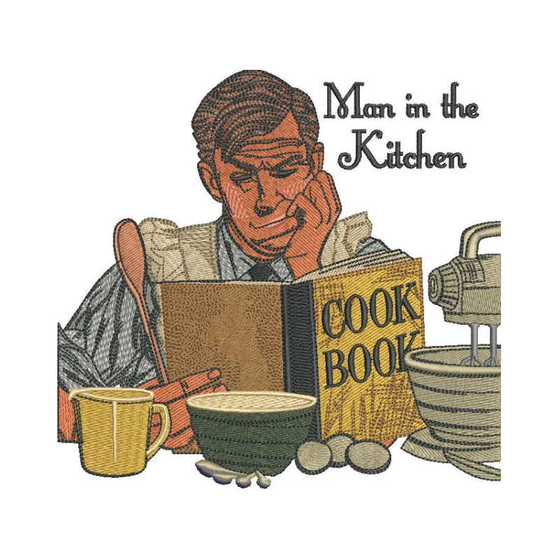Embroidery design featuring a man in the kitchen, perfect for creating delightful kitchen-themed projects.