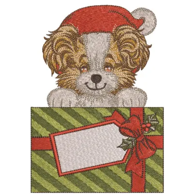 Santa dog with Christmas gift embroidery design, perfect for holiday-themed projects and festive decorations.