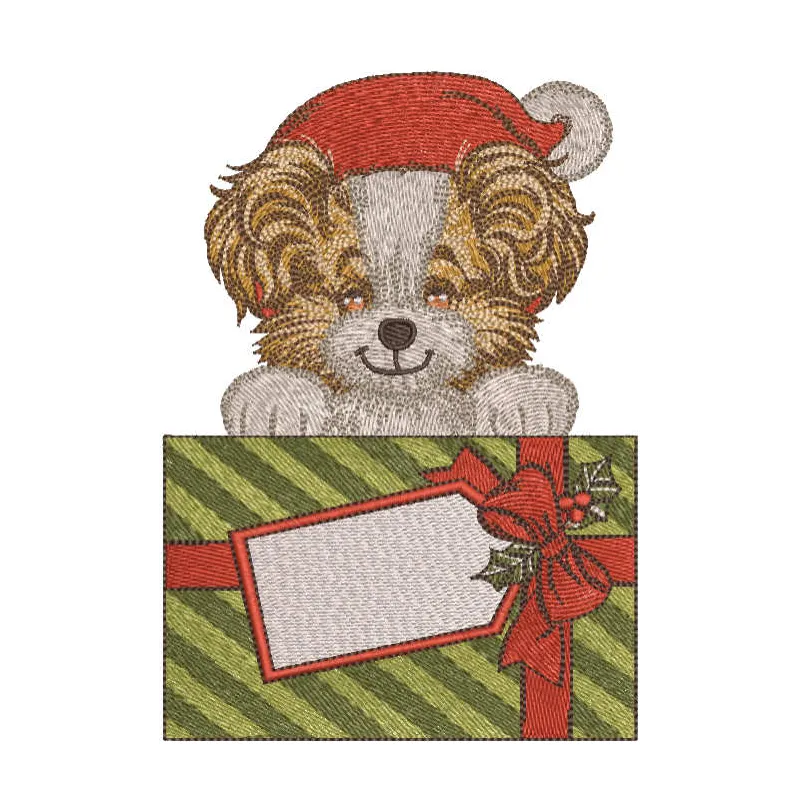 Santa dog with Christmas gift embroidery design, perfect for holiday-themed projects and festive decorations.