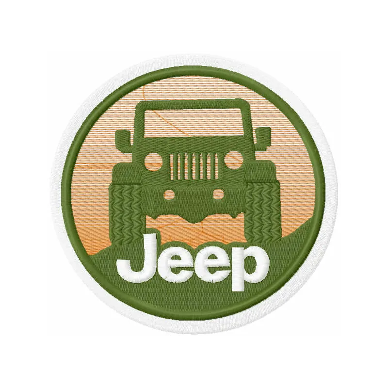 Jeep round badge embroidery design featuring a classic vehicle motif, ideal for stitching on apparel and accessories.