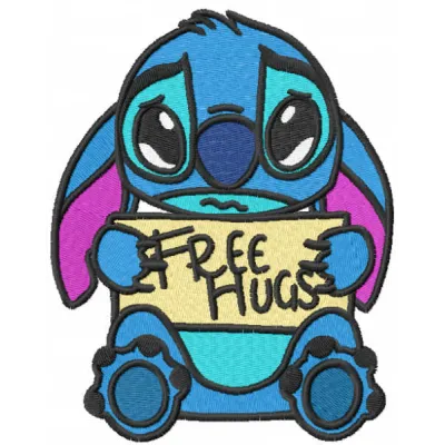 Free hugs embroidery design featuring Lilo and Stitch, perfect for embellishing t-shirts and tote bags.