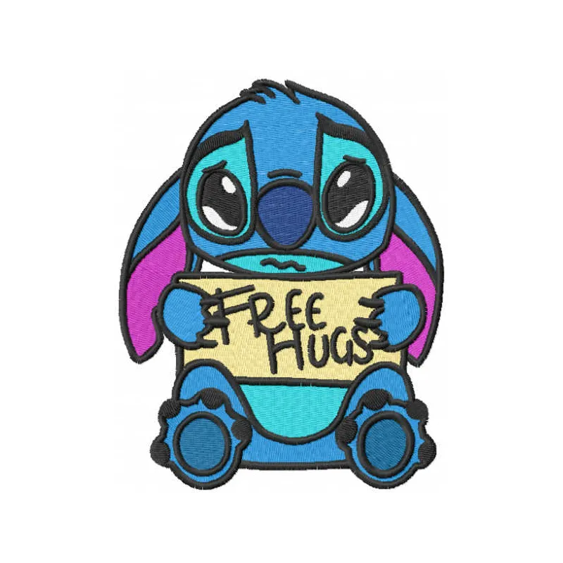 Free hugs embroidery design featuring Lilo and Stitch, perfect for embellishing t-shirts and tote bags.