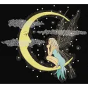 Fairy conversing with a crescent moon embroidery design, showcasing intricate details and whimsical charm.