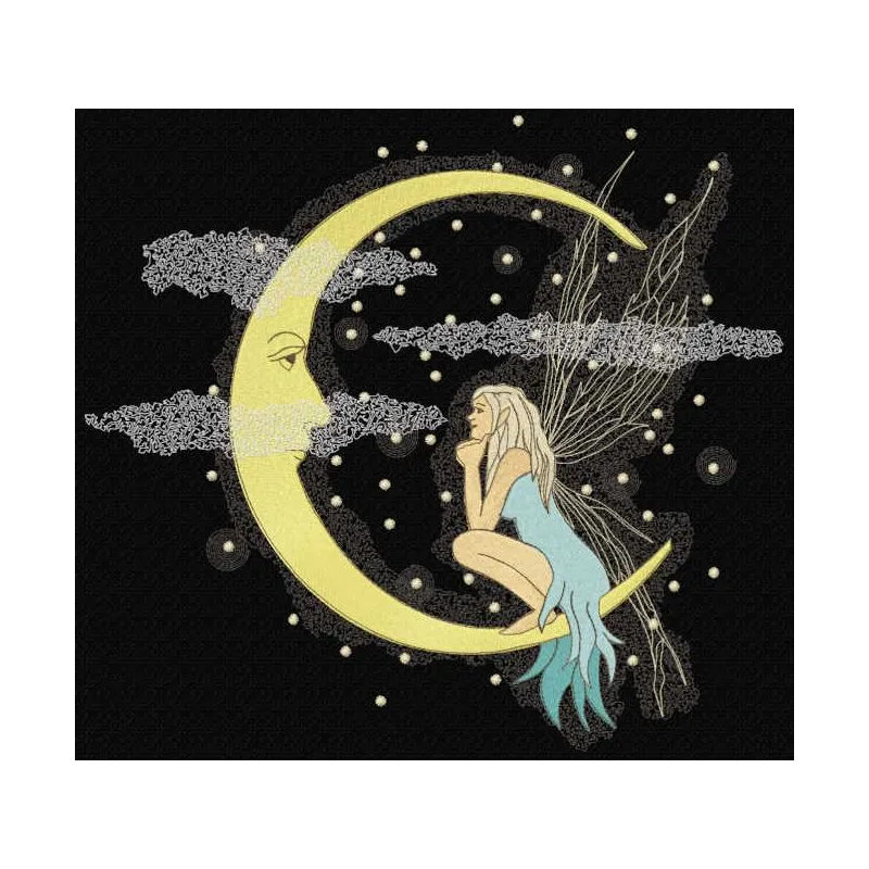 Fairy conversing with a crescent moon embroidery design, showcasing intricate details and whimsical charm.