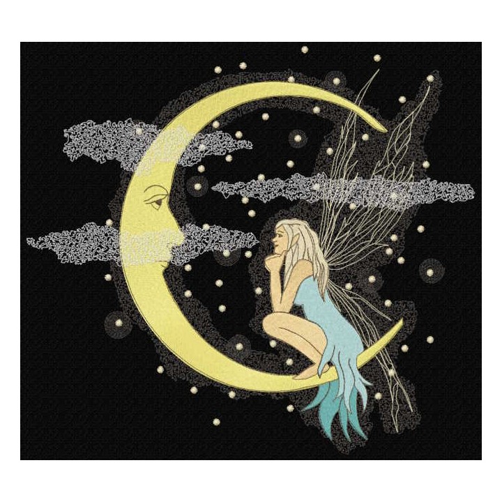Fairy talking to crescent moon embroidery design - Embroidery Design