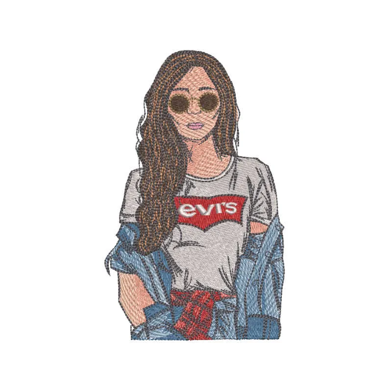 Levis Girl embroidery design featuring a stylish girl motif, perfect for stitching on t-shirts and tote bags.