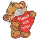 Nurses are heroes embroidery design featuring a teddy bear, perfect for stitching on t-shirts or tote bags.