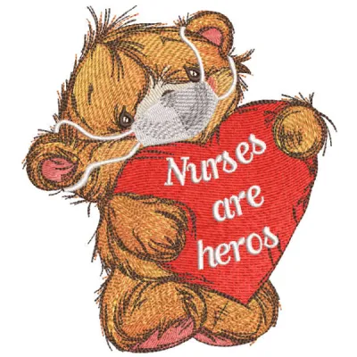 Nurses are heroes embroidery design featuring a teddy bear, perfect for stitching on t-shirts or tote bags.