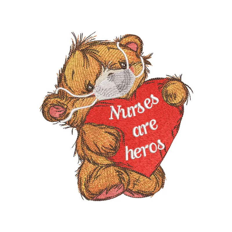 Nurses are heroes embroidery design featuring a teddy bear, perfect for stitching on t-shirts or tote bags.
