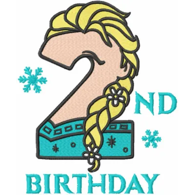 Frozen second birthday embroidery design featuring beloved characters, ideal for decorating t-shirts or birthday banners.