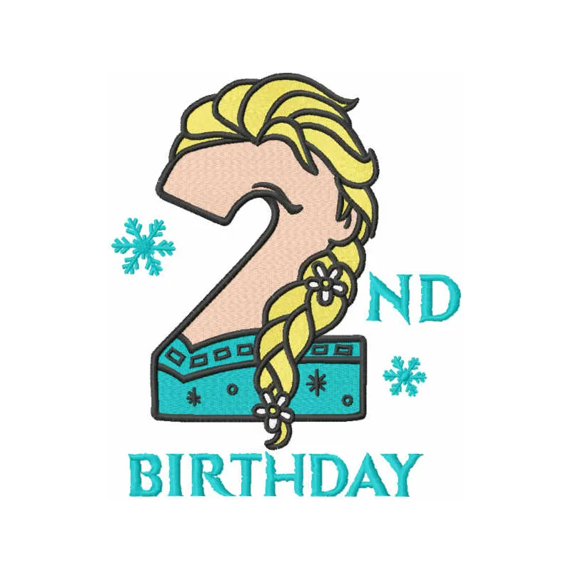 Frozen second birthday embroidery design featuring beloved characters, ideal for decorating t-shirts or birthday banners.