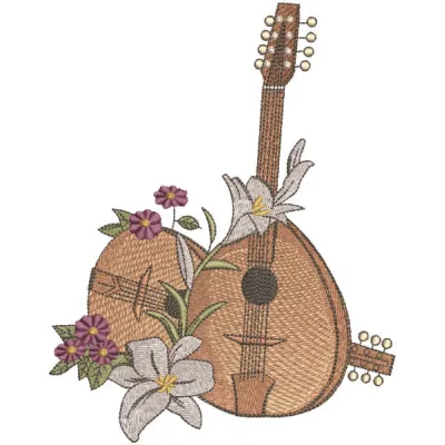 Mandolins and lilies embroidery design showcasing intricate stitching patterns, perfect for various fabric projects.
