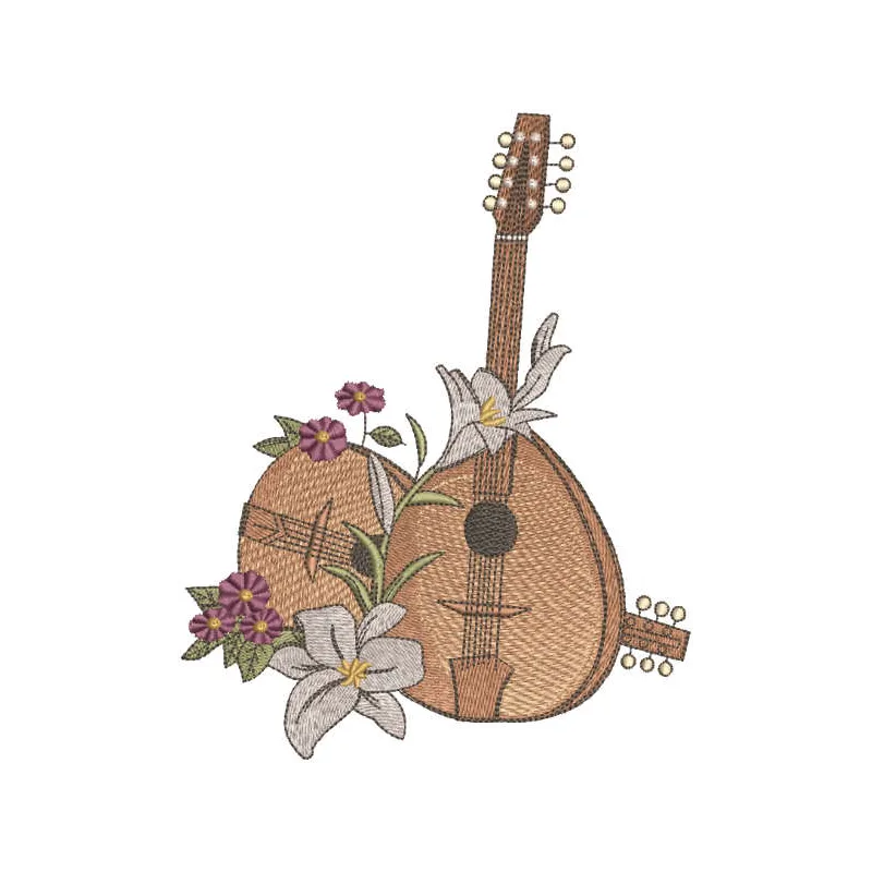 Mandolins and lilies embroidery design showcasing intricate stitching patterns, perfect for various fabric projects.
