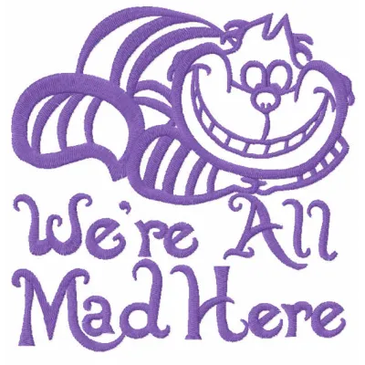 Preview of the 'Cat We’re All Mad Here' embroidery design, inspired by Alice in Wonderland, featuring whimsical motifs.