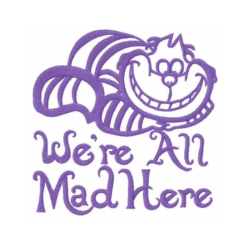 Preview of the 'Cat We’re All Mad Here' embroidery design, inspired by Alice in Wonderland, featuring whimsical motifs.