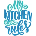 Embroidered design featuring 'My Kitchen My Rules' quote, perfect for kitchen textiles and decor.