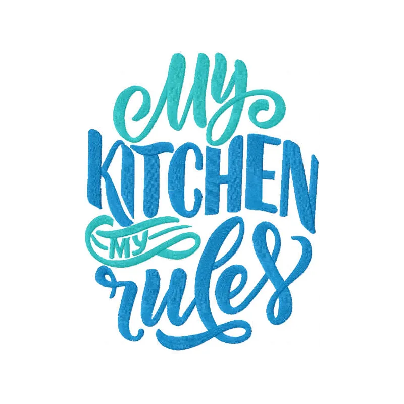 Embroidered design featuring 'My Kitchen My Rules' quote, perfect for kitchen textiles and decor.
