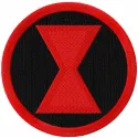 Black Widow logo embroidery design showcased on a dark fabric, featuring intricate stitching details and bold lines.