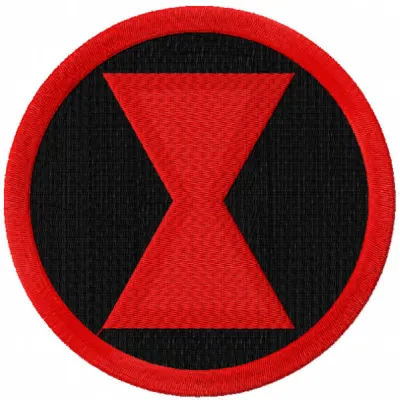 Black Widow logo embroidery design showcased on a dark fabric, featuring intricate stitching details and bold lines.
