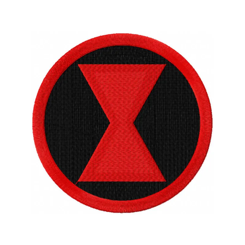 Black Widow logo embroidery design showcased on a dark fabric, featuring intricate stitching details and bold lines.