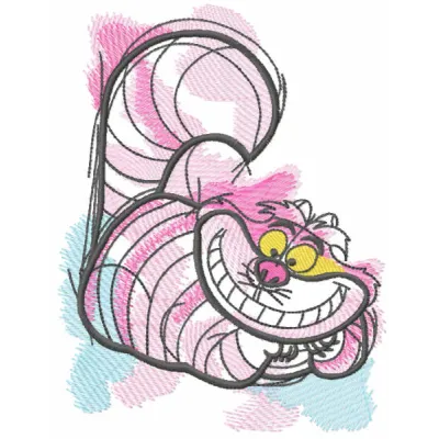 Cheshire cat art sketch embroidery design inspired by Alice in Wonderland, showcasing whimsical stitched motifs.