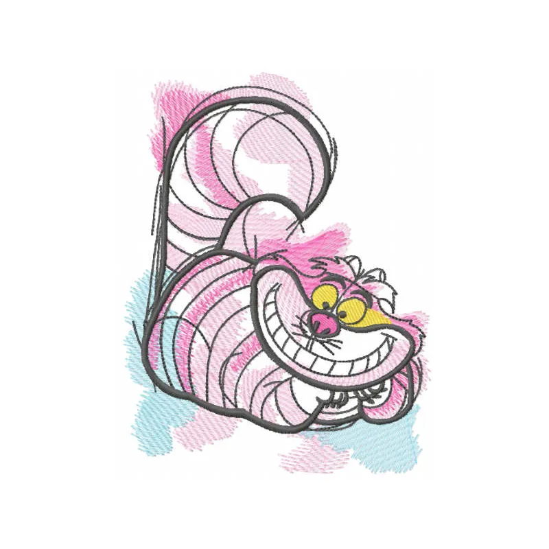 Cheshire cat art sketch embroidery design inspired by Alice in Wonderland, showcasing whimsical stitched motifs.