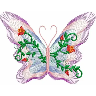 Preview of a rose butterfly embroidery design featuring intricate details and vibrant colors, perfect for various projects.