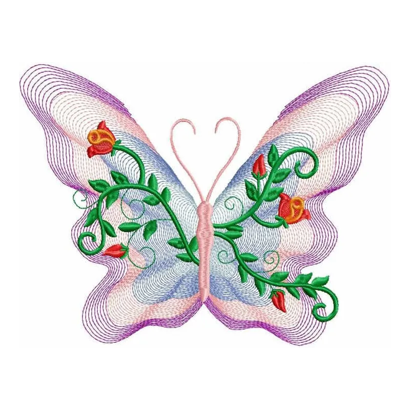 Preview of a rose butterfly embroidery design featuring intricate details and vibrant colors, perfect for various projects.