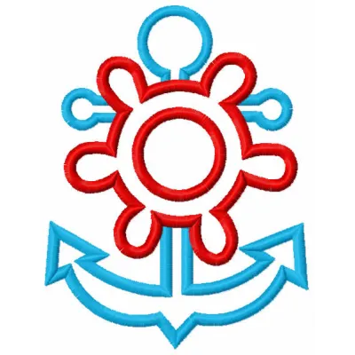 Preview of a nautical embroidery design featuring a blue anchor and red steering wheel for creative projects.