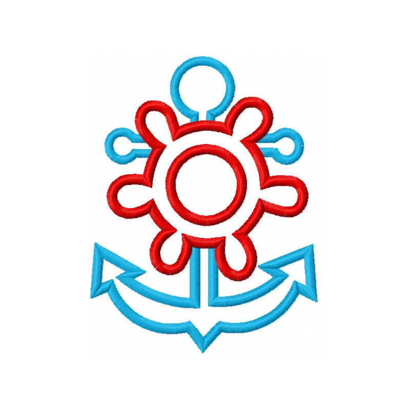Preview of a nautical embroidery design featuring a blue anchor and red steering wheel for creative projects.