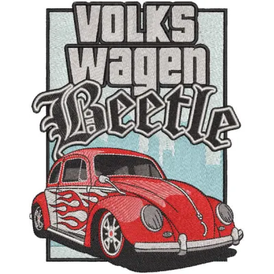 Volkswagen Beetle car embroidery design showcasing a vintage vehicle motif for creative stitching projects.