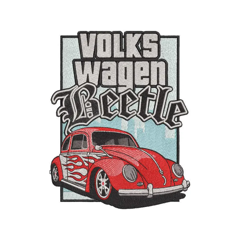 Volkswagen Beetle car embroidery design showcasing a vintage vehicle motif for creative stitching projects.