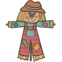 Patchwork scarecrow embroidery design for summer projects, featuring vibrant colors and whimsical details.