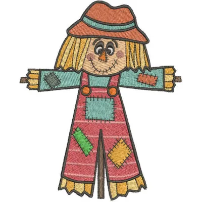 Patchwork scarecrow embroidery design for summer projects, featuring vibrant colors and whimsical details.
