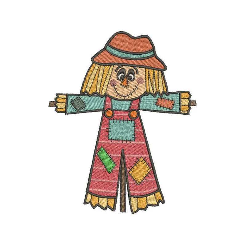 Patchwork scarecrow embroidery design for summer projects, featuring vibrant colors and whimsical details.