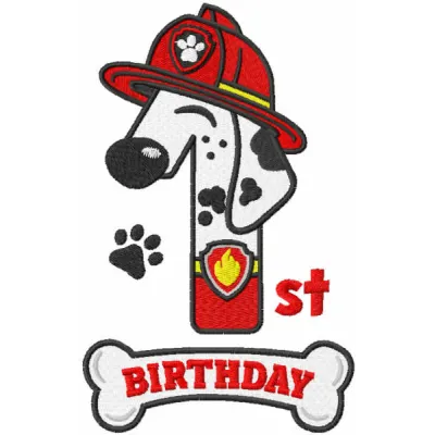 Preview of the Marshall One birthday embroidery design from Paw Patrol, showcasing vibrant stitching patterns for celebratio…