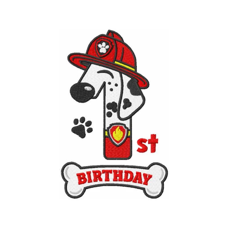 Preview of the Marshall One birthday embroidery design from Paw Patrol, showcasing vibrant stitching patterns for celebratio…
