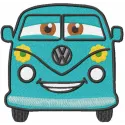 Fillmore smiling embroidery design featuring a cheerful car motif, perfect for stitching on t-shirts or tote bags.